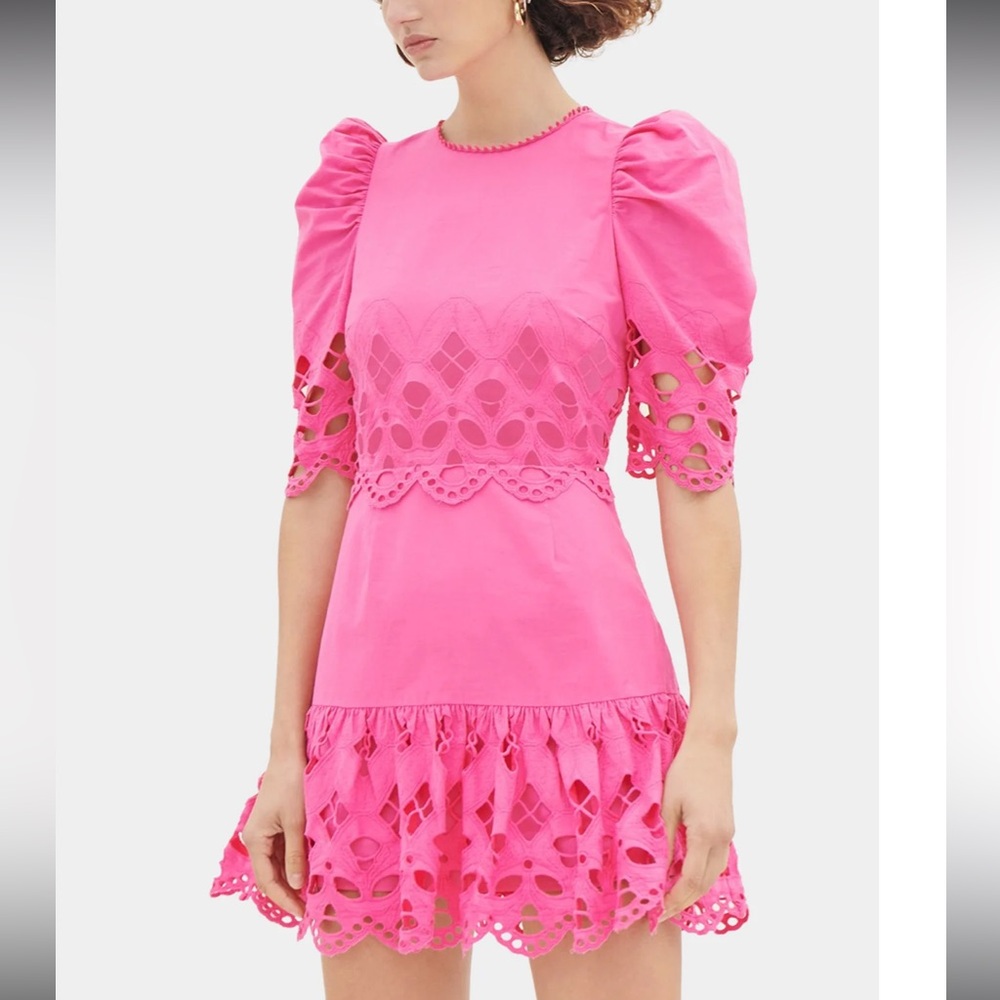 New Saylor Auroette Eyelet Puff‎ Sleeve Cotton Poplin Dress in Hot Pink Size XS - Picture 3 of 14